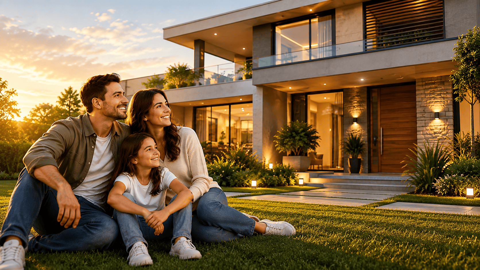 Família em frente à casa própria representando o planejamento com consórcio imobiliário