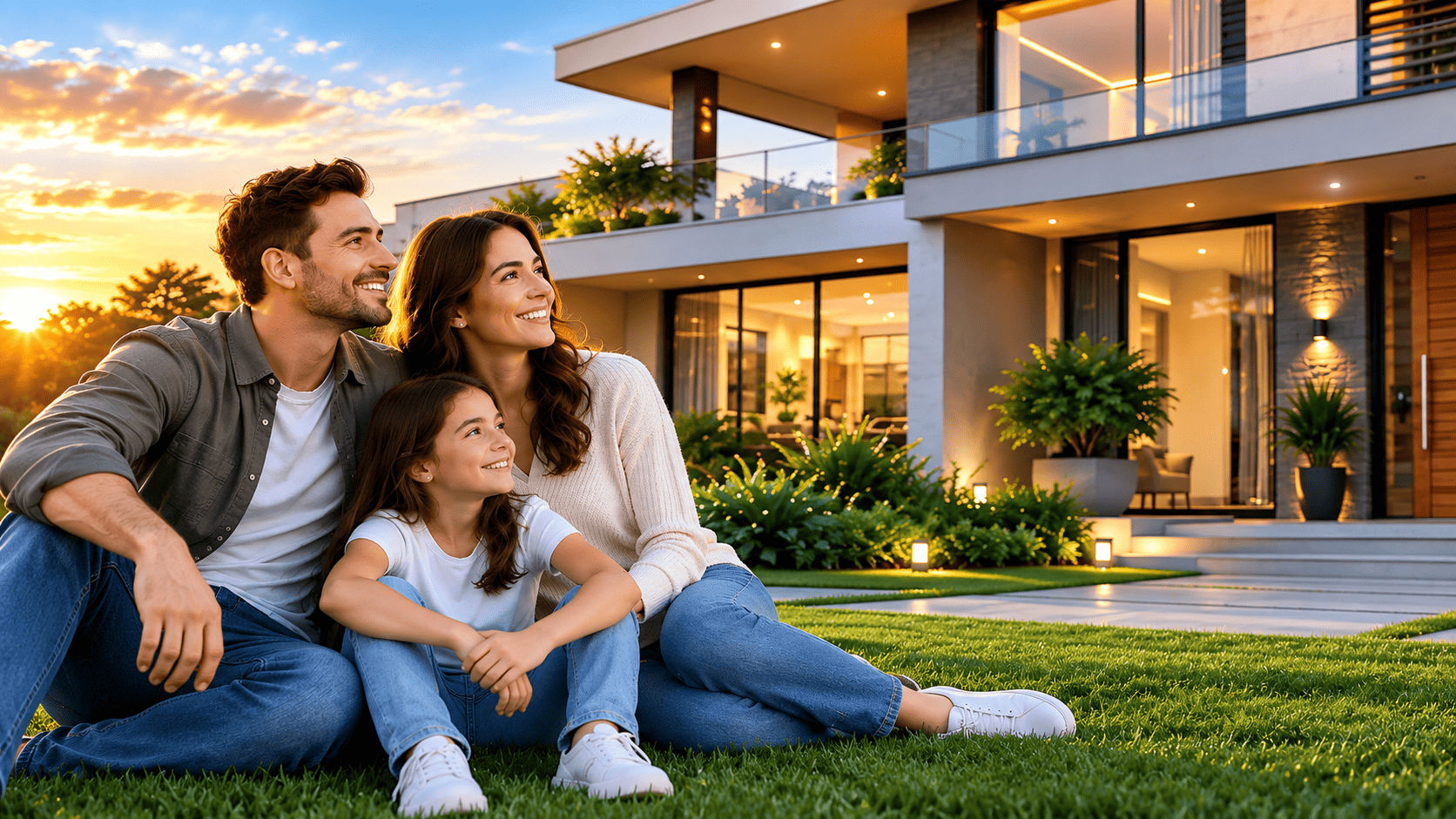 Família em frente a uma casa representando planejamento para aquisição de imóvel